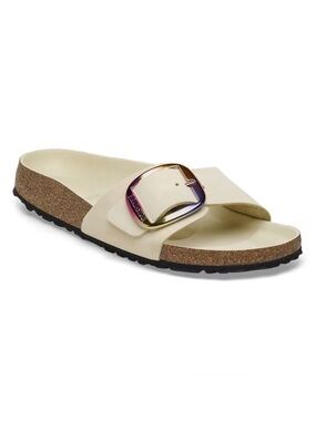 Birkenstock Madrid Iridescent Big Buckle Nubuck Leather Slide Sandal,Ecru,37,NWT